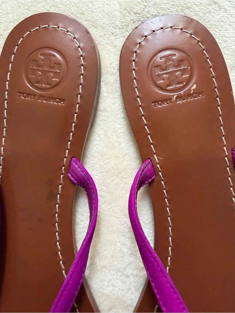 Tory Burch Magenta Leather Flip Flop Sandals with Gold Logo